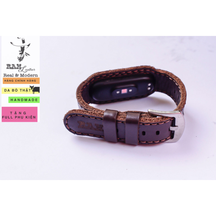 Dây miband da bò thật handmade cao cấp cho miband 3 , miband 4 , miband 5, miband 6 da bò nâu mận trơn - RAM Leather