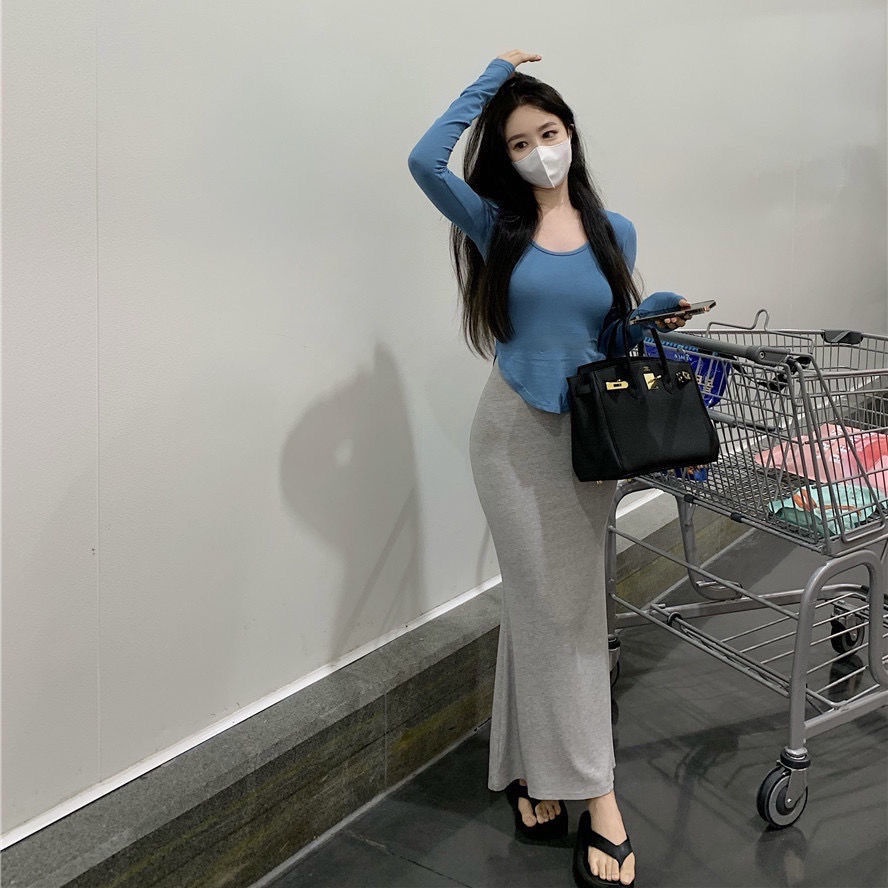 Jiashucheng Áo Thun Chống Nắng Mỏng Phong Cách Phương Tây Gợi Cảm Đơn Giản Kèm Chân Váy Đuôi Cá Ôm Eo