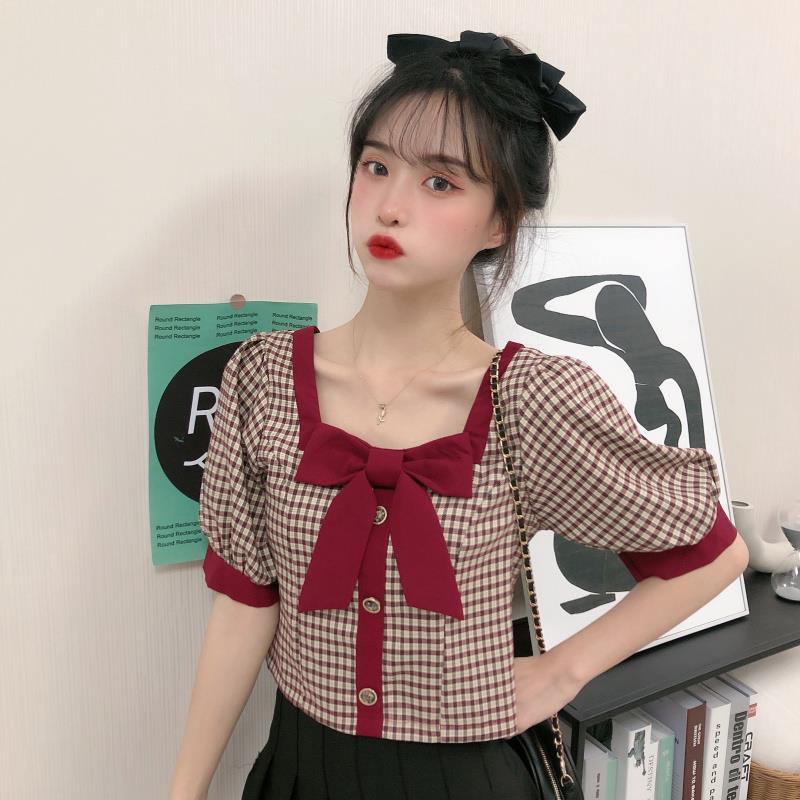 AMOI Áo Sơ Mi Ngắn Cổ Vuông Hở Vai Họa Tiết Sọc Caro Phong Cách Pháp Thời Trang 2022 Cho Nữ