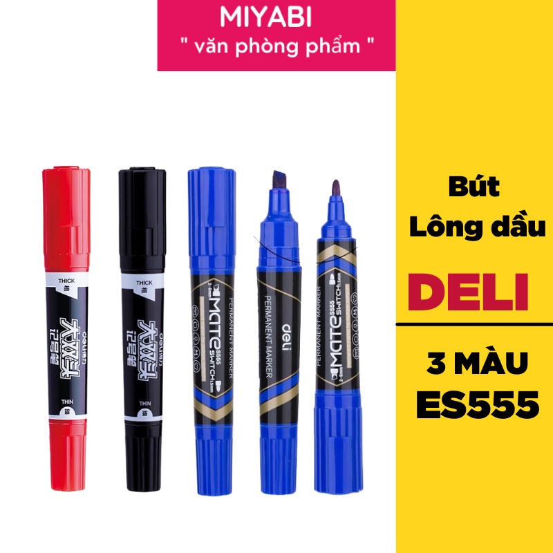 Bút lông dầu Deli - không xóa được - 2 đầu bút 2 kích cỡ ngòi - Mực Xanh/ Đen/ Đỏ - 1 cây - ES555