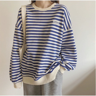 Áo sweater tay dài cổ tròn dáng rộng họa tiết sọc ngang phong cách hàn quốc thời trang mùa thu cho nữ