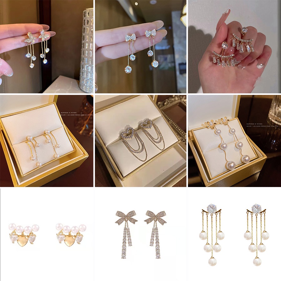 Khuyên tai RINHOO FRIENDSHIP dáng dài tua rua đính đá thời trang cho nữ