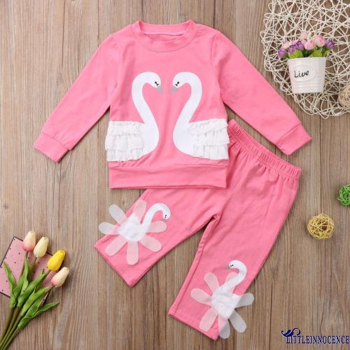Set áo thun + quần dài họa tiết chim thiên nga 3D màu hồng xinh xắn cho bé gái