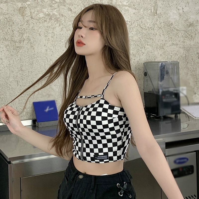 Áo croptop hai dây dáng ôm kẻ sọc caro phối khóa kéo quyến rũ Hàn Quốc dành cho nữ