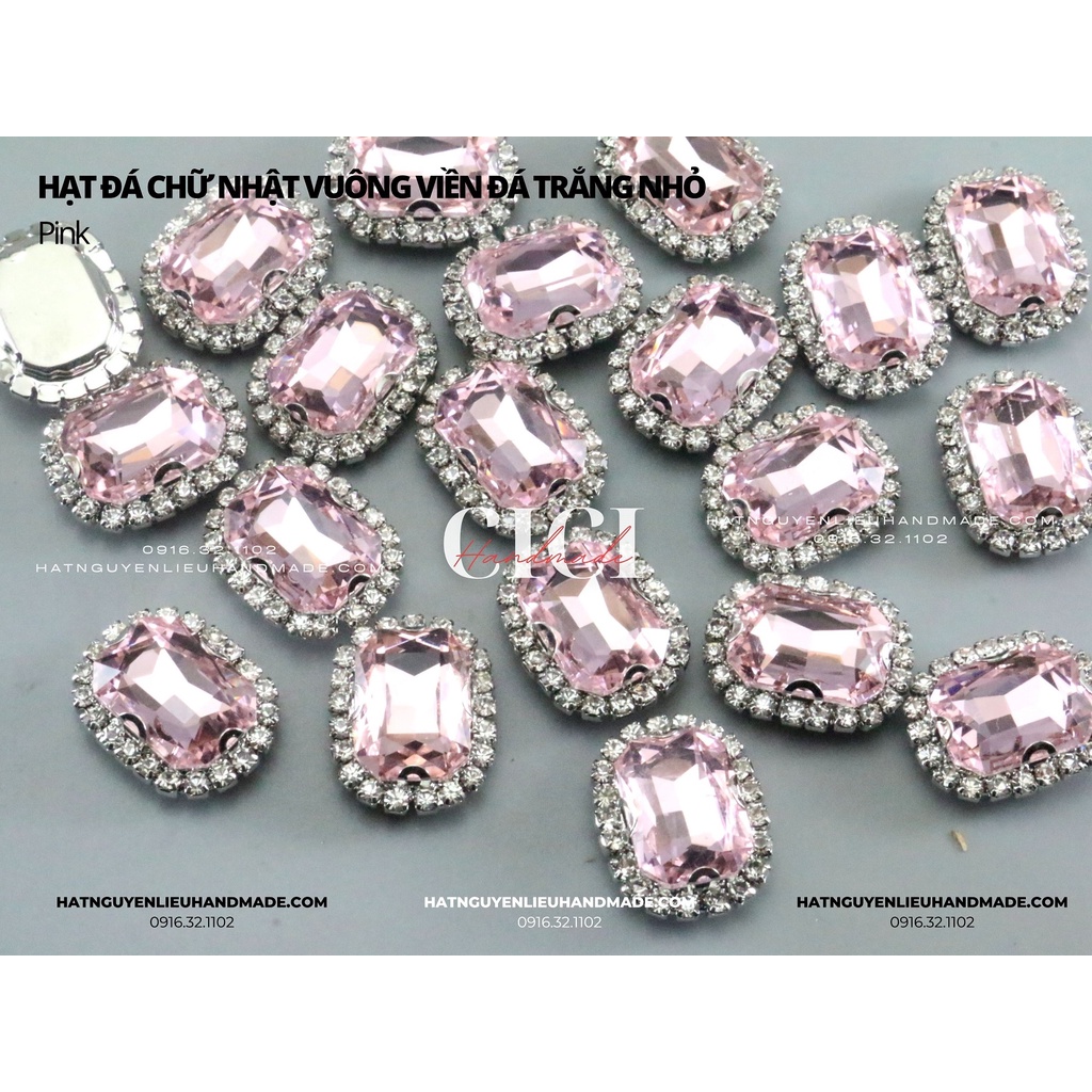Đá Chữ nhật vuông viền đá trắng nhỏ đế BẠC link 1/2 có lỗ khâu có lỗ khâu Cici Handmade nguyên liệu DIY hạt đính kết