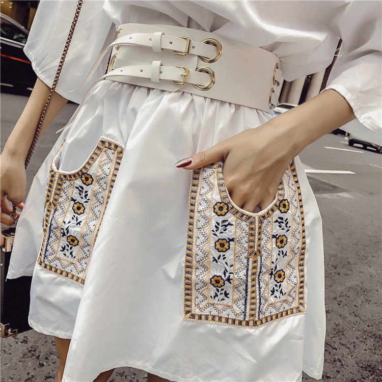 SET Váy Sơ Mi Tay Lỡ Túi Thêu Thổ Cẩm + Thắt Lưng Bản To