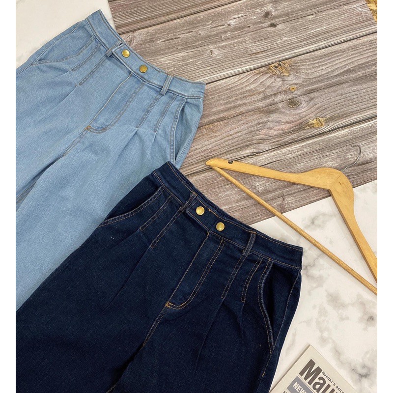 Quần jeans ống rộng cạp cao 2 khuy bấm