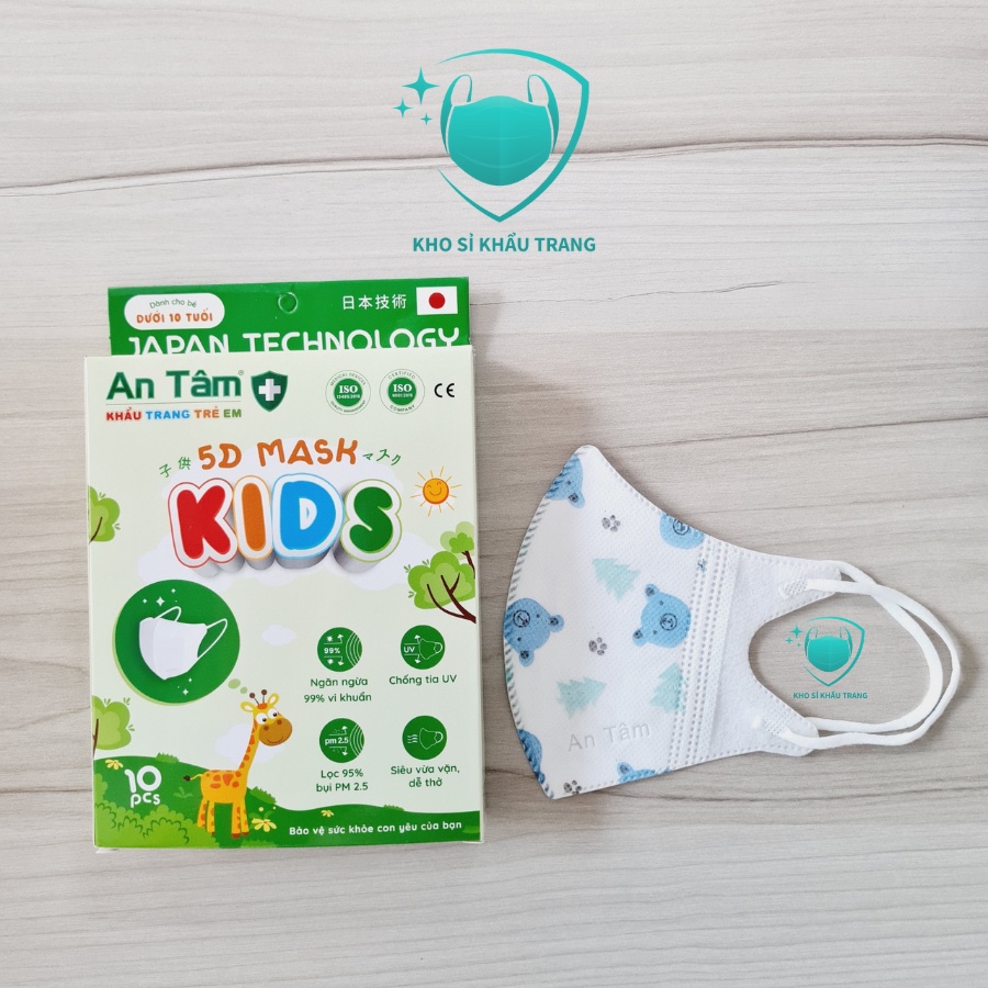 Khẩu trang 5D kids An Tâm dành cho bé 3- 8 tuổi hộp 10 cái