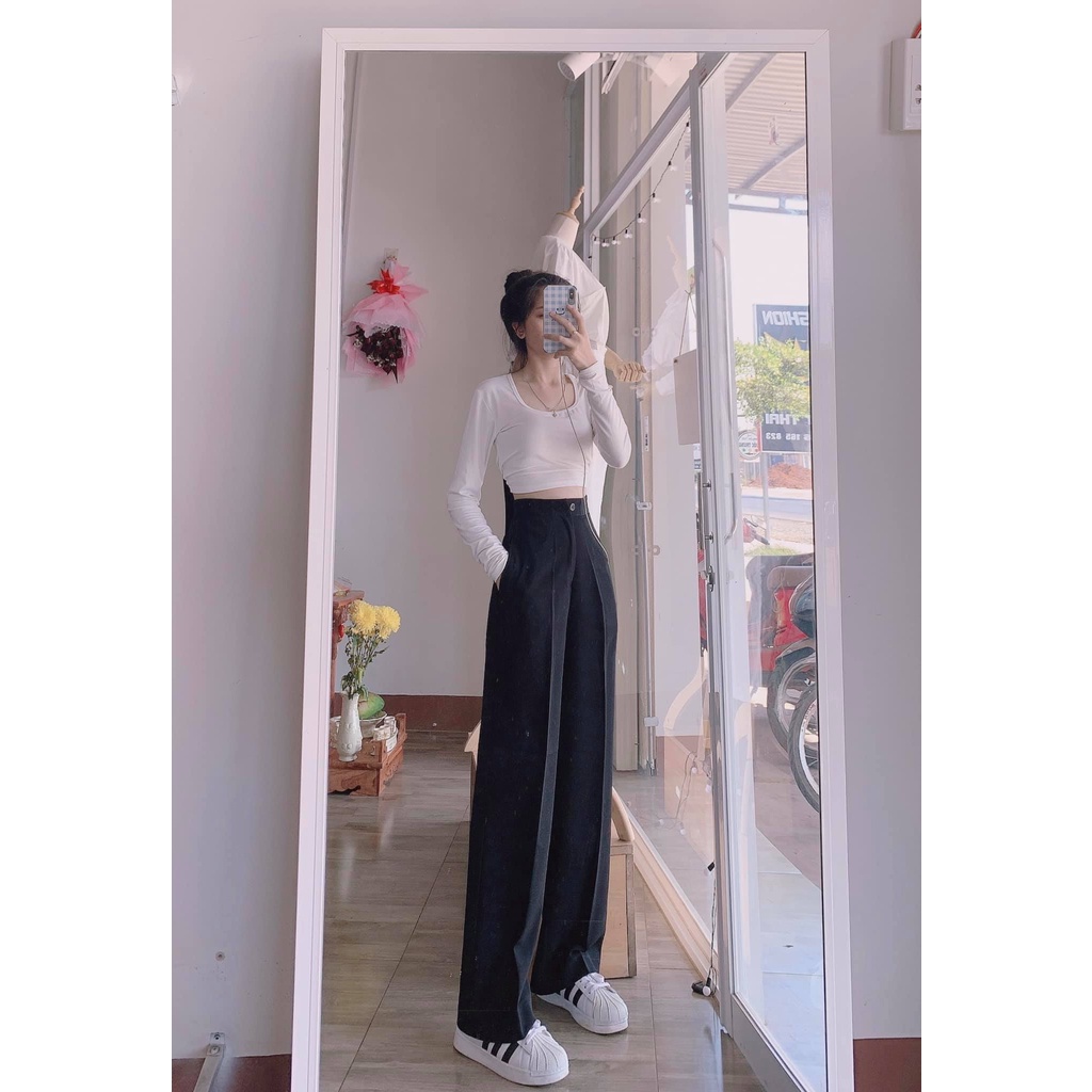 Quần Ống Rộng Suông lưng cao khóa trước 1 khuy chất tuyết mưa khuy giữa quần culottes ống xuông cạp cao cho nữ | WebRaoVat - webraovat.net.vn