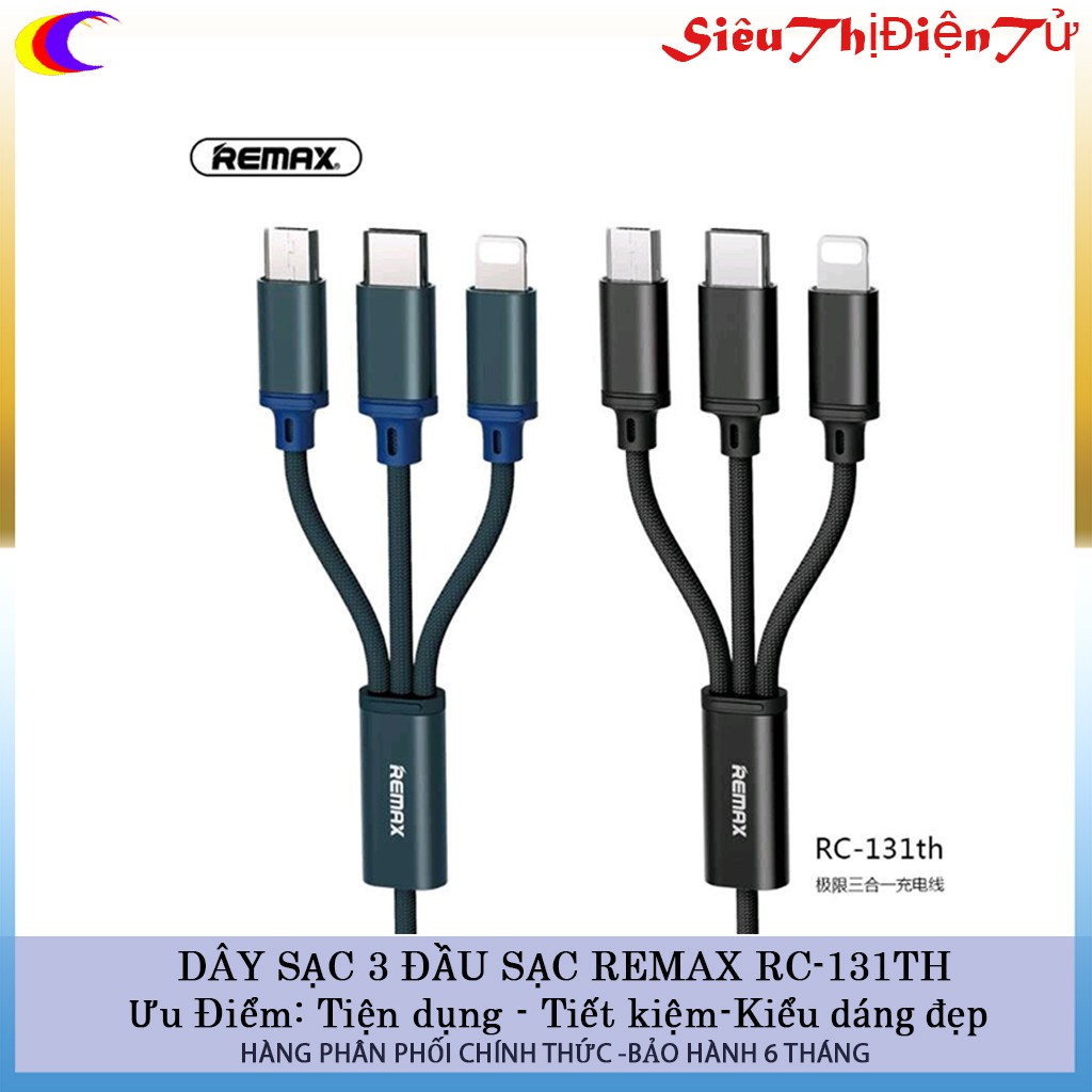 CÁP SẠC NHANH REMAX RC 131th 3 ĐẦULIGHTNING MICRO USB TYPEC SẠC CHO TẤT CẢ ĐIỆN THOẠI IPHONE SAMSUNG