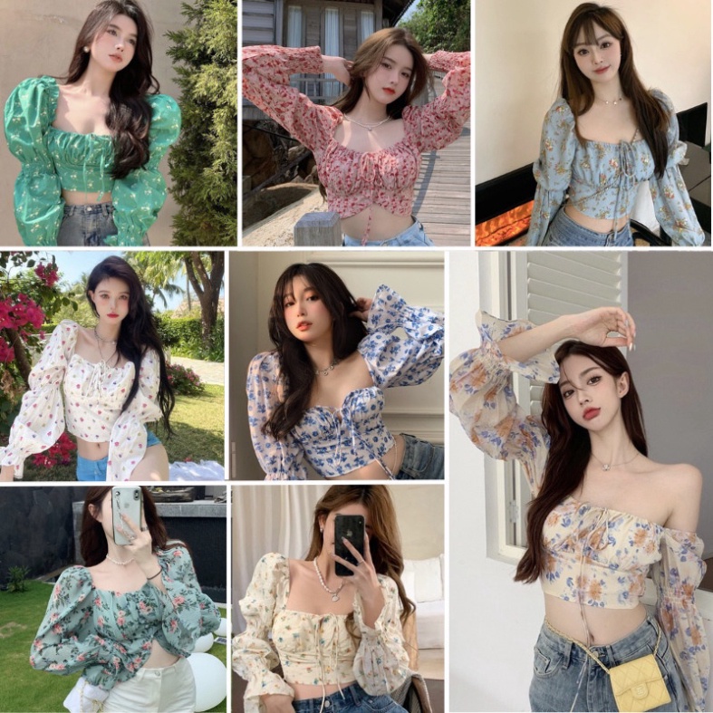 Áo croptop tay dài kiểu trễ vai cúp ngực cổ vuông phồng ôm body hoa cột nơ LUHAZO phong cách Hàn Quốc Quảng Châu K4T4-1