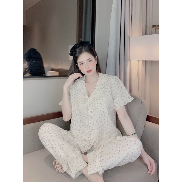 Bộ pijama viền bèo chất đũi xốp mặc nhà nữ siêu xinh