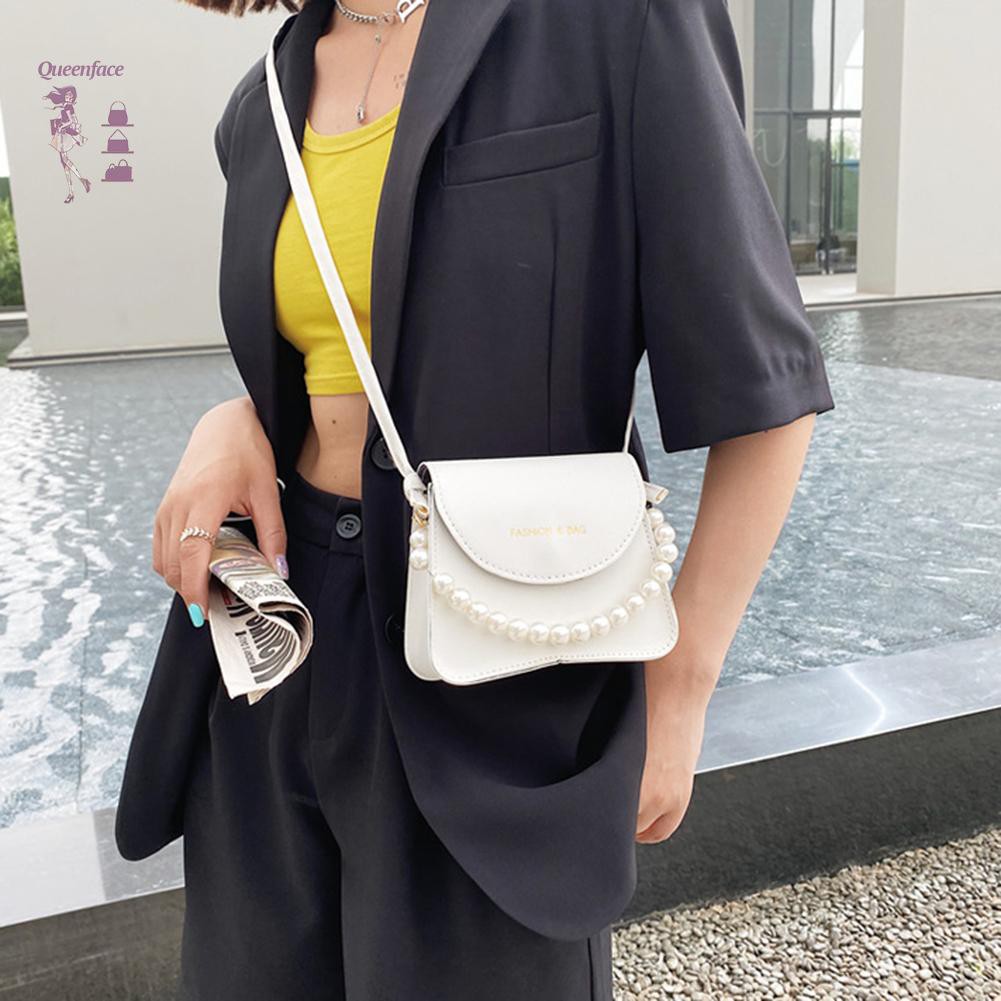 queen_Fashion Women PU Crossbody Bag Casual Ladies Pearl Chain Pure Color Handbag