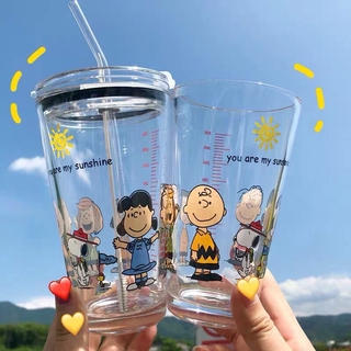 Han Feng Ins Cute Cartoon Snoopy Charlie Straw Scale Cup Heat Resistant High Temperature Milk Cup Lovers Water Cup
