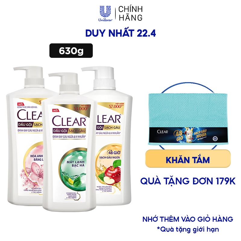 Dầu gội đầu clear sạch gàu ngứa và vi khuẩn suốt 24 Giờ 630g