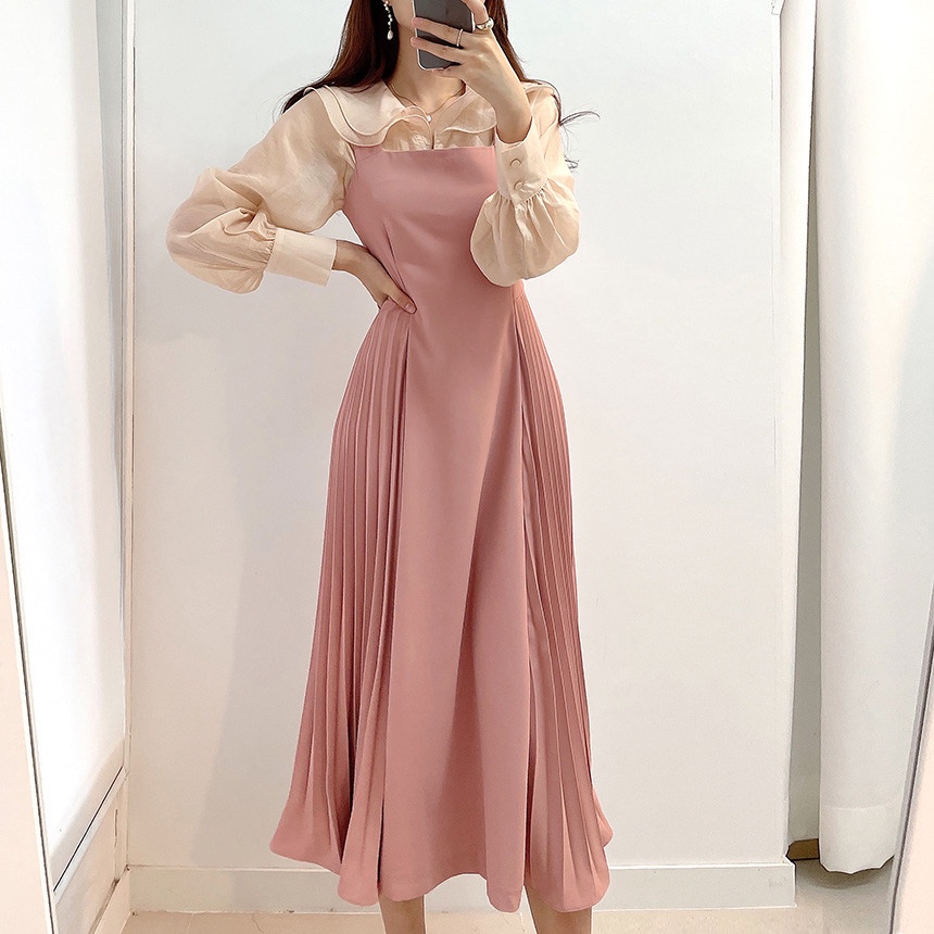 Áo Sơ Mi Dài Tay Thắt Dây / Váy Xếp Ly Màu Trơn Phong Cách Mới 45248