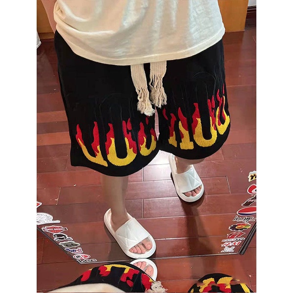 Quần short dáng rộng cạp cao họa tiết ngọn lửa phong cách hiphop đường phố retro Âu Mỹ