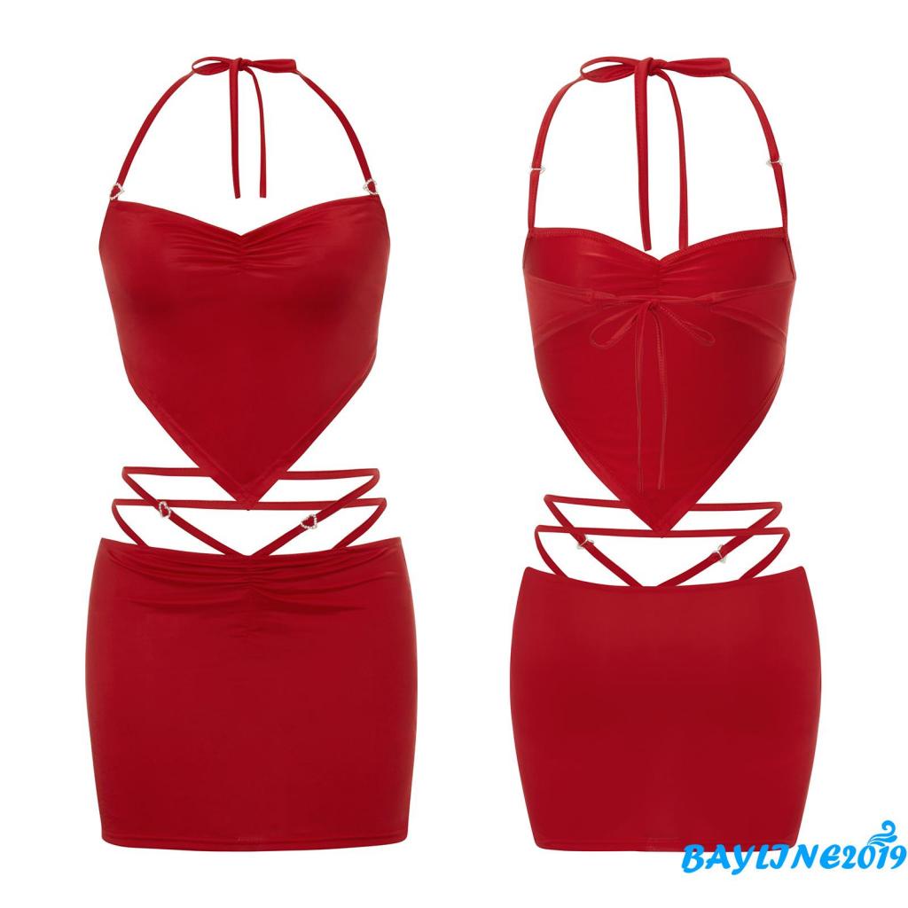 Bay-Women Casual Suit, Solid Color Sleeveless Backless Halter Crop Tops+Slim Fit Bandage Short Skirt