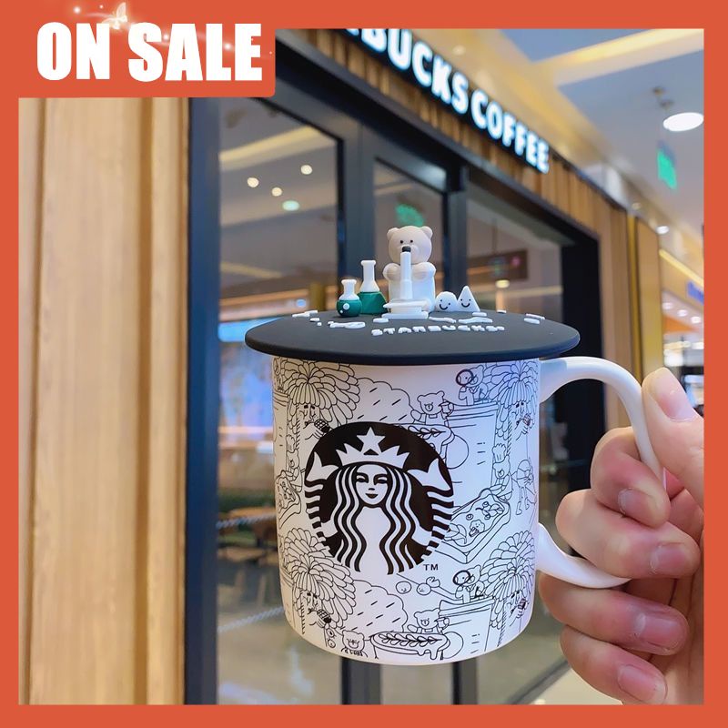Starbucks mug graffiti environmental protection bear cup with lid less ceramic coffee cup water cup gift cup