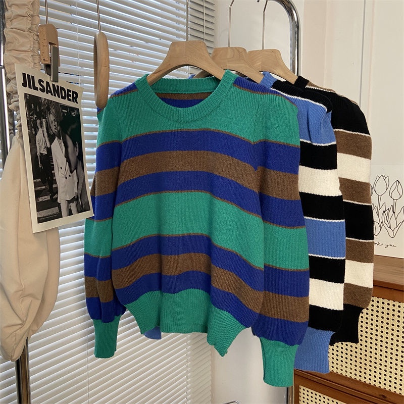 Áo Sweater Dệt Kim Tay Dài Ôm Dáng Họa Tiết Kẻ Sọc Màu Sắc Tương Phản Thời Trang Thu Đông Hàn Quốc Chất Lượng Cao