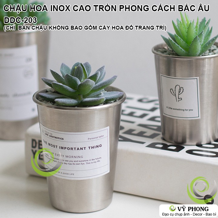 CHẬU INOX TRỒNG CÂY CHẬU HOA INOX TRÒN CAO TRỒNG SEN ĐÁ CÂY HOA TRANG TRÍ CHỤP HÌNH ĐẠO CỤ CHỤP ẢNH SẢN PHẨM INS DDC-203