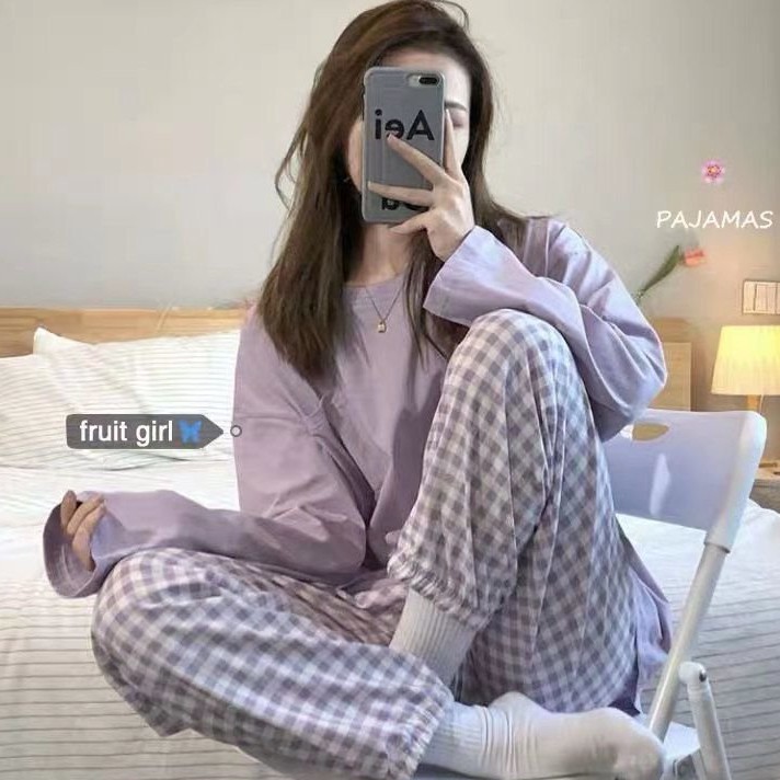 Bộ đồ ngủ tay dài phối ren họa tiết sọc caro phong cách Nhật Bản thời trang cho nữ