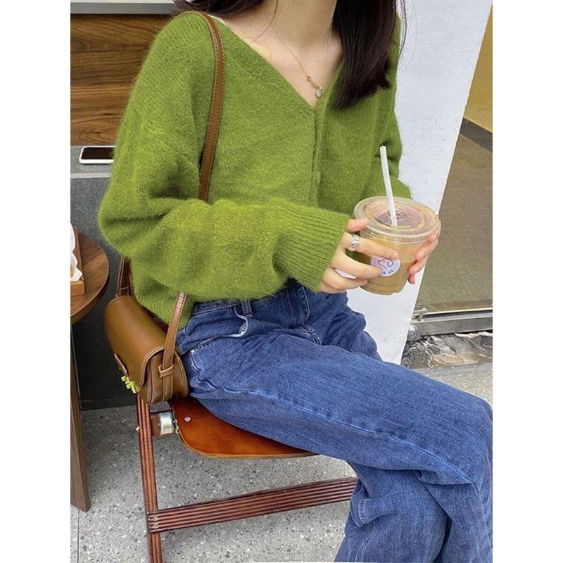 Áo Khoác Cardigan Dệt Kim Cổ Chữ V Màu Xanh Bơ Mềm Mại Phong Cách Nhật Bản