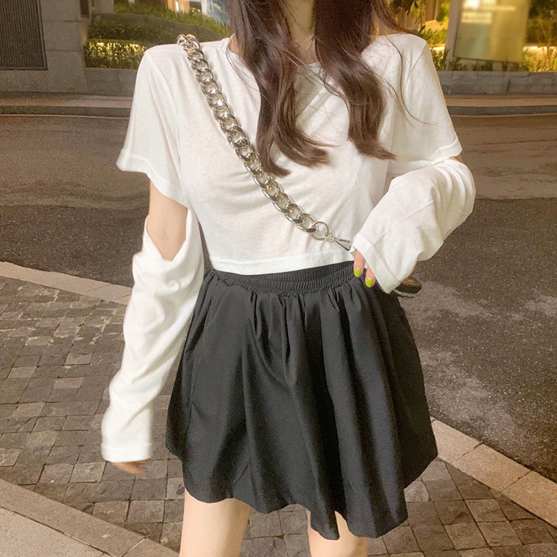 Women T-Shirt Round Collar Solid Color Long Sleeved Shirt Tops