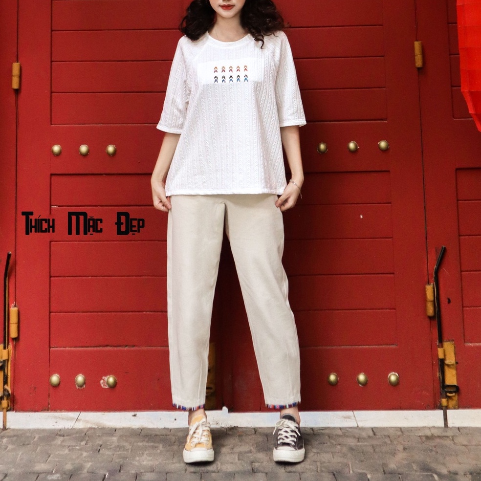 Quần kaki baggy ống rộng nữ trắng đen lưng cao line thổ cẩm xịn Thích Mặc Đẹp