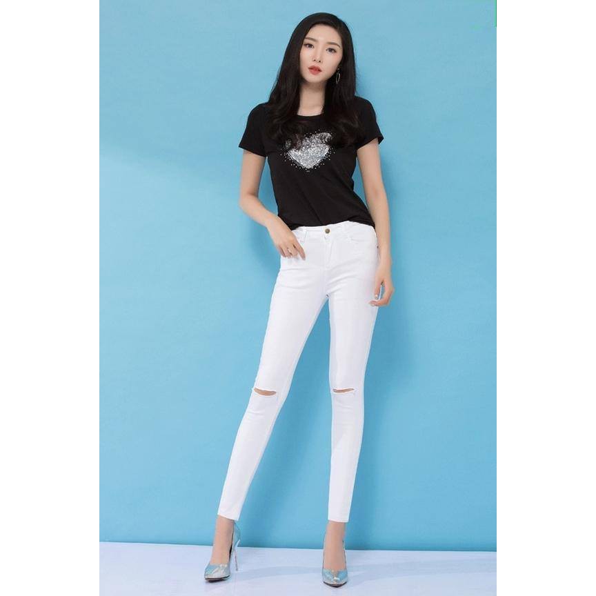 Quần Jean Nữ Rách Gối Lưng Cao Màu Đen Hàng Co Giãn | BigBuy360 - bigbuy360.vn