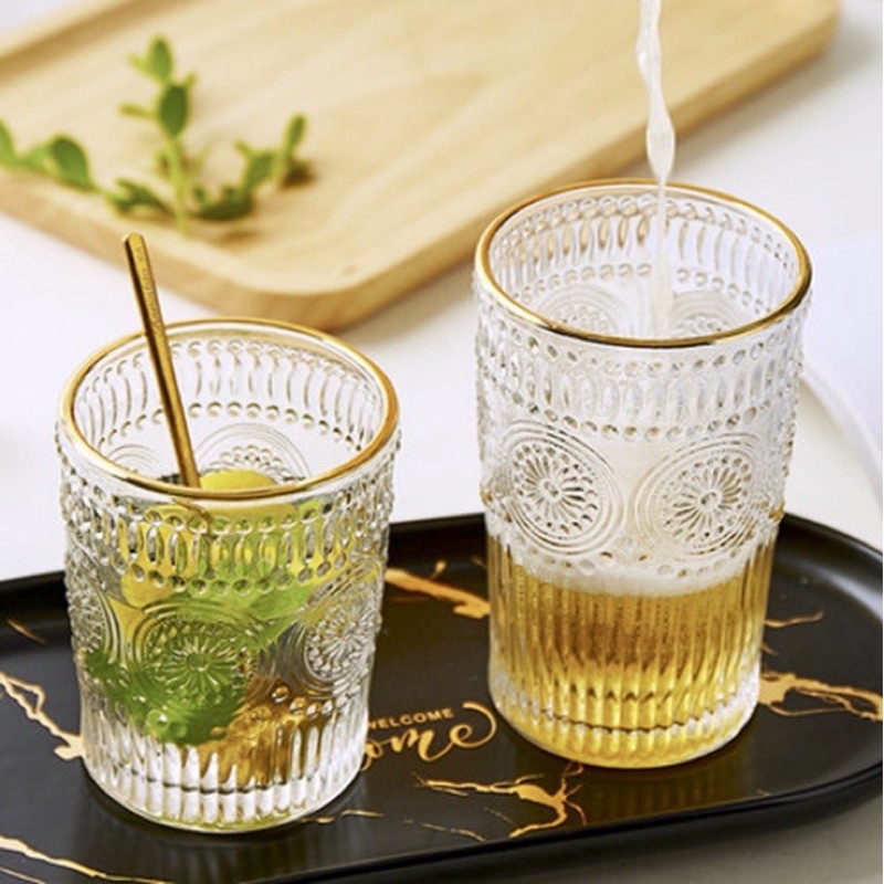 Cốc thủy tinh dùng uống trà, cà phê, nước lọc, sinh tố viền vàng vân nổi họa tiết mặt trời, ly thủy tinh cao cấp