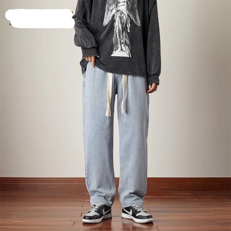 Quần jeans nam Nelly rộng ống suông lưng thun dây rút taobao