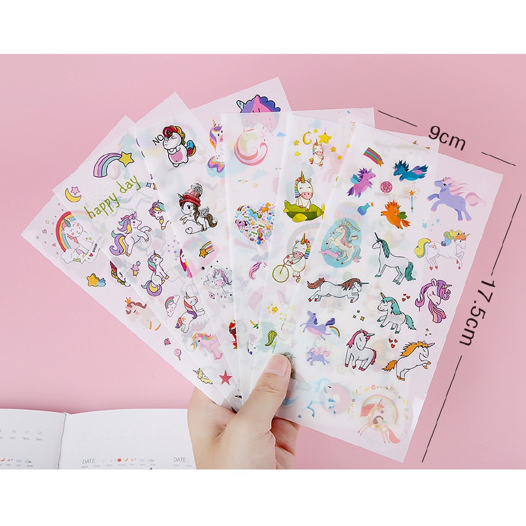 Set 6 tờ stickers dán trang trí hình kỳ lân DIY cho nhật ký dễ thương