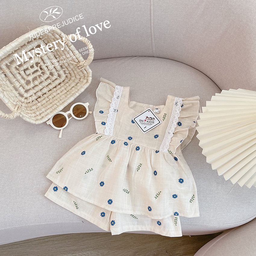 Bộ Quần Áo Trẻ Em 3 Lỗ Cánh Tiên Vải Linen In Hình Hoa Cúc Cho Bé Gái Từ 7-19kg Mã BL32