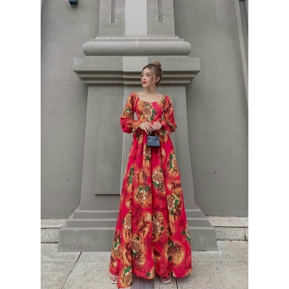 Đầm maxi lụa hoa tay dài đi biển siêu xinh TRIPBLE T DRESS - size M/L - MS72V