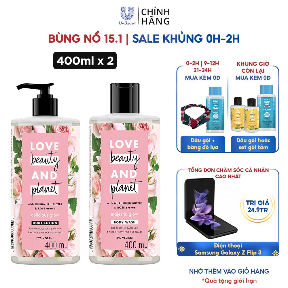 Combo Sữa Tắm + Sữa Dưỡng Thể Love Beauty And Planet Làm Sáng Da (400ml/Chai)