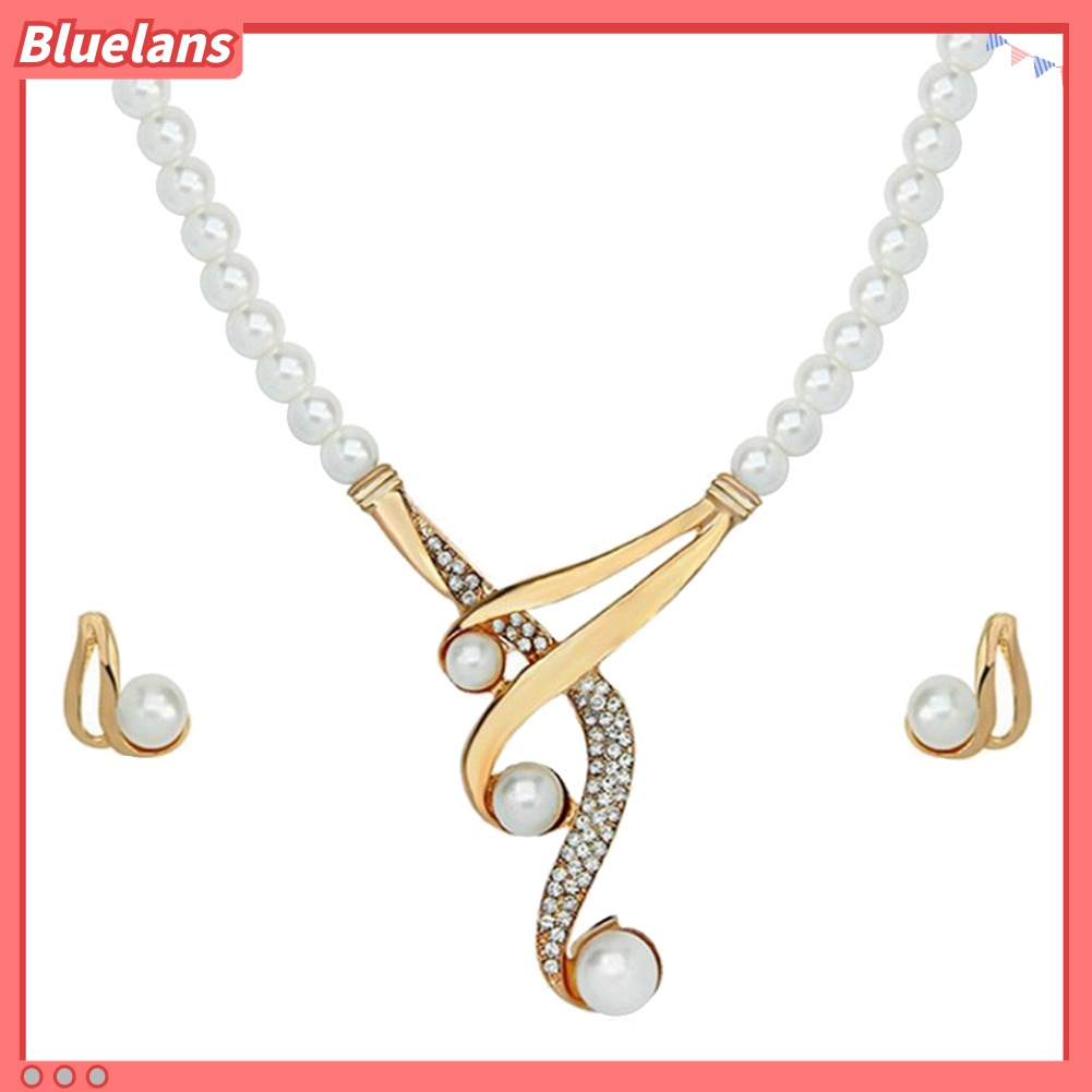 Bộ Vòng cổ + Cặp Khuyên Tai Đính Ngọc Trai Nhân Tạo Đẹp Mắt Cho Nữ