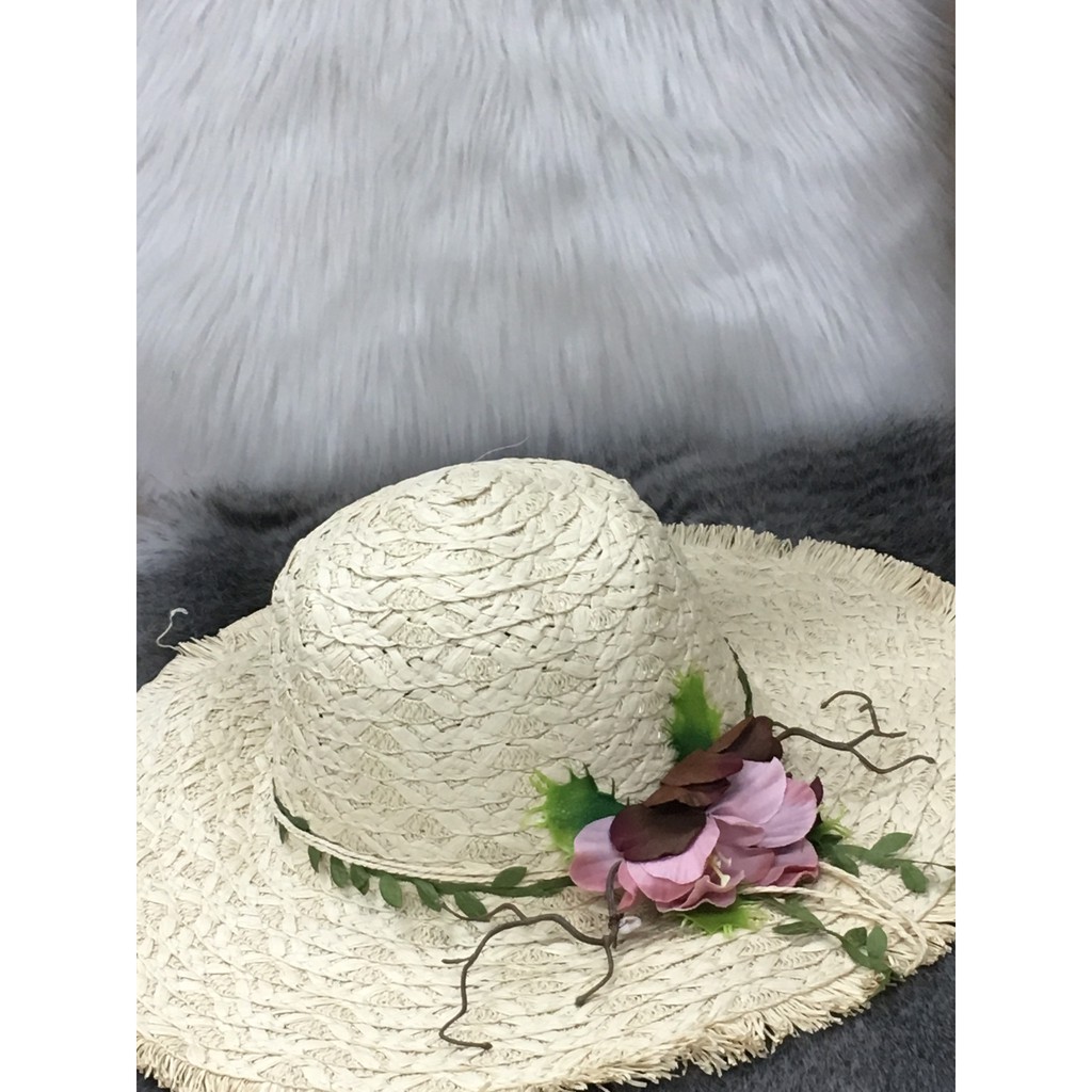 PVN28181 Nón cói đi biển vành to,mũ cói đi biển đính hoa vành to T2 .