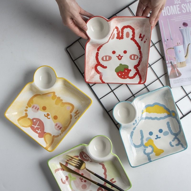 Đĩa vuông sứ có ngăn chấm kute sẵn 4 mẫu