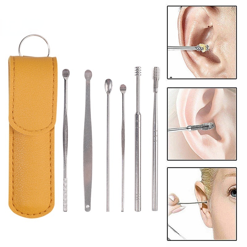 Bộ 6 Dụng Cụ Vệ Sinh Tai Chuyên Nghiệp Bằng Da PU Kèm Hộp Đựng Bằng Thép Không Gỉ