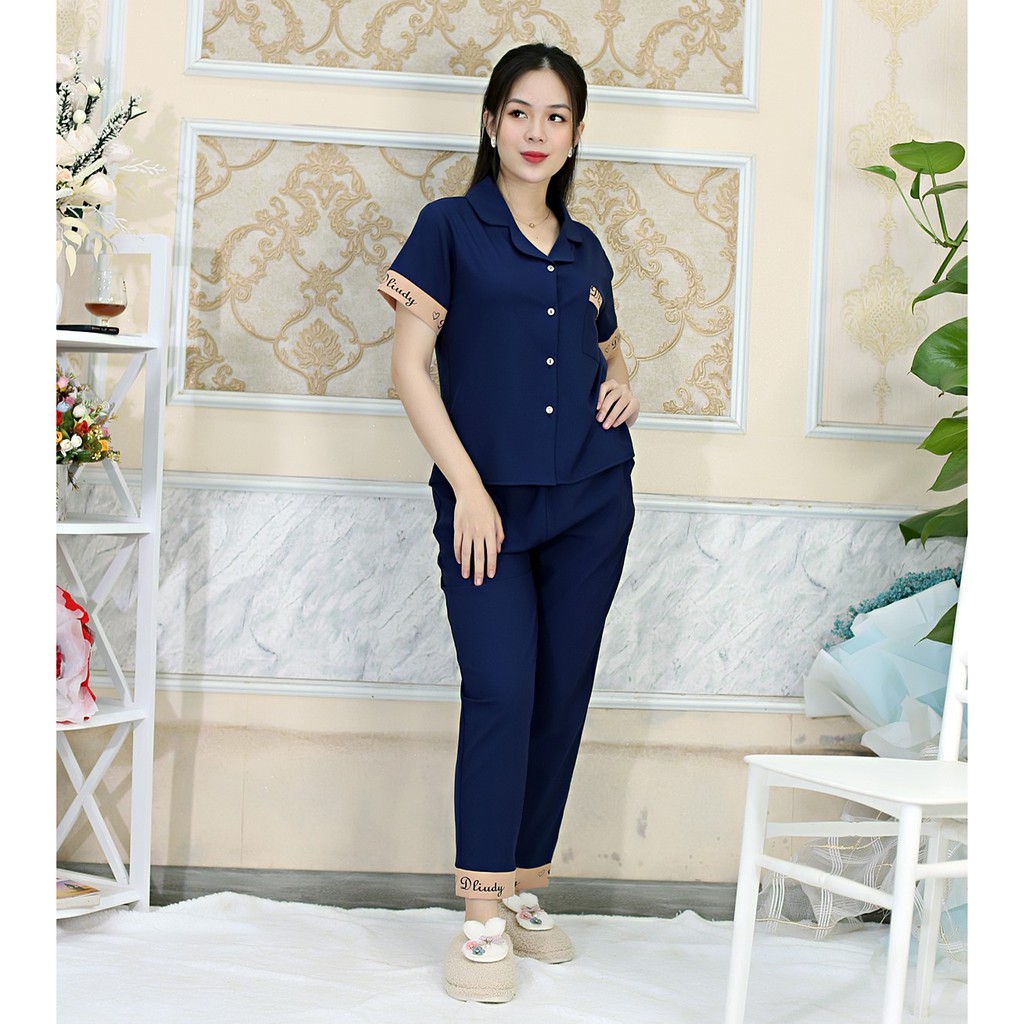 Bộ đồ bộ Pijama màu XANH ĐEN tay ngắn quần dài lụa Pháp - Thoải Mái Nhẹ Nhàng