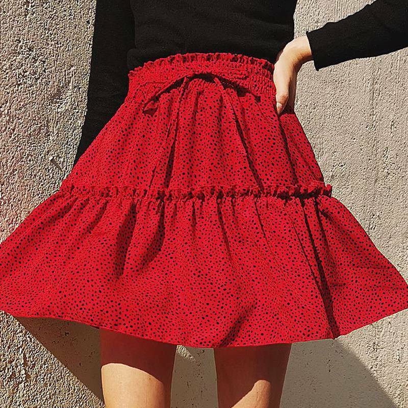Polka Dot Mini Skirts for Women Elastic Waist Pleated Beach Holiday