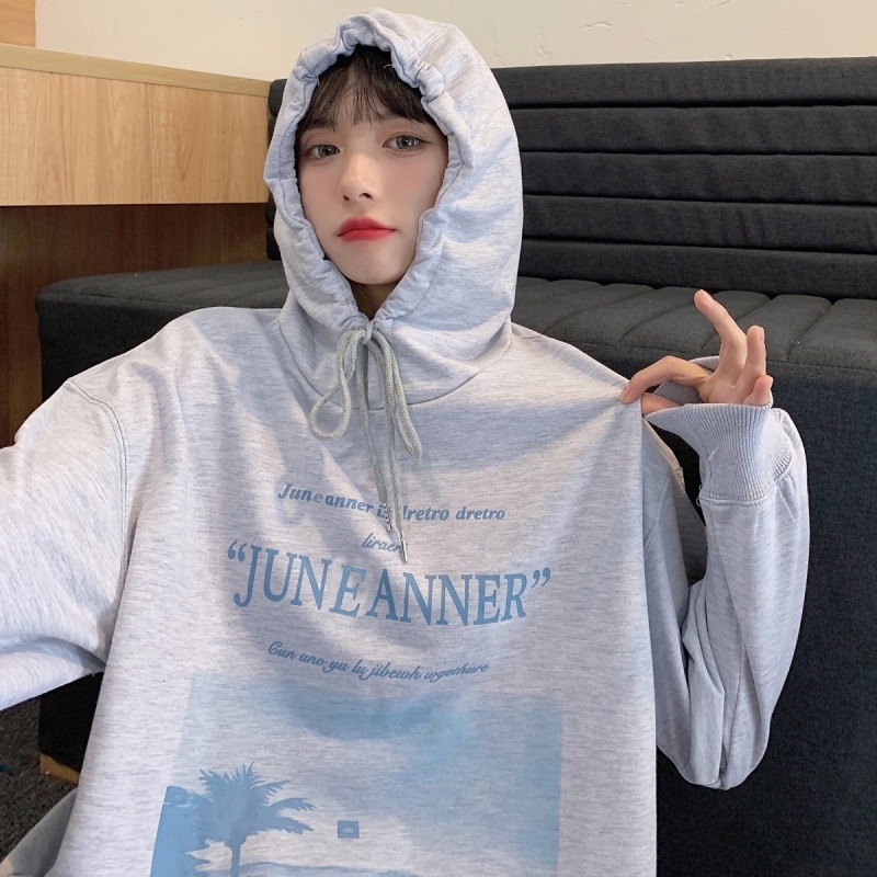 Áo Hoodie Mỏng Chui Đầu Dáng Rộng Màu Xám Kiểu Hàn Quốc Thời Trang Mùa Xuân 2022 Cho Nữ