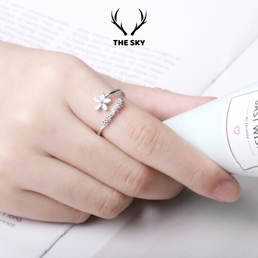 Nhẫn Bạc Nữ THE SKY NB13 Mặt Hình Bông Hoa Cách Điệu Xinh Xắn Freesize