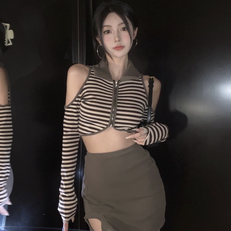 Áo kiểu croptop ZHELIHANGFEI dệt kim tay dài cổ polo phối khóa kéo thiết kế hở vai quyến rũ thời trang