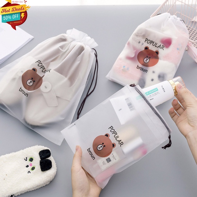 Túi Dây Rút Họa Tiết Gấu Nâu Hoạt Hình Đựng Mỹ Phẩm Trang Sức Du Lịch