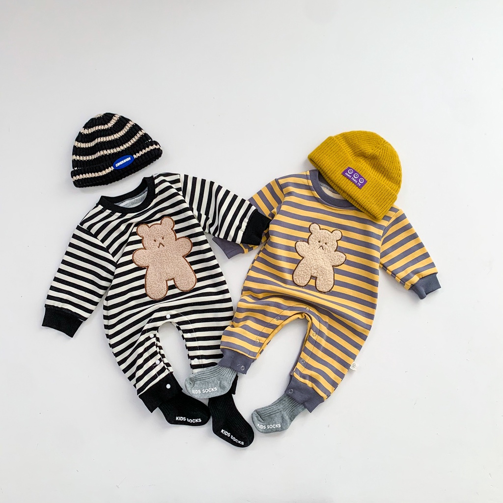 Áo liền quần dài tay kẻ sọc ngang họa tiết gấu hoạt hình dễ thương cho trẻ sơ sinh