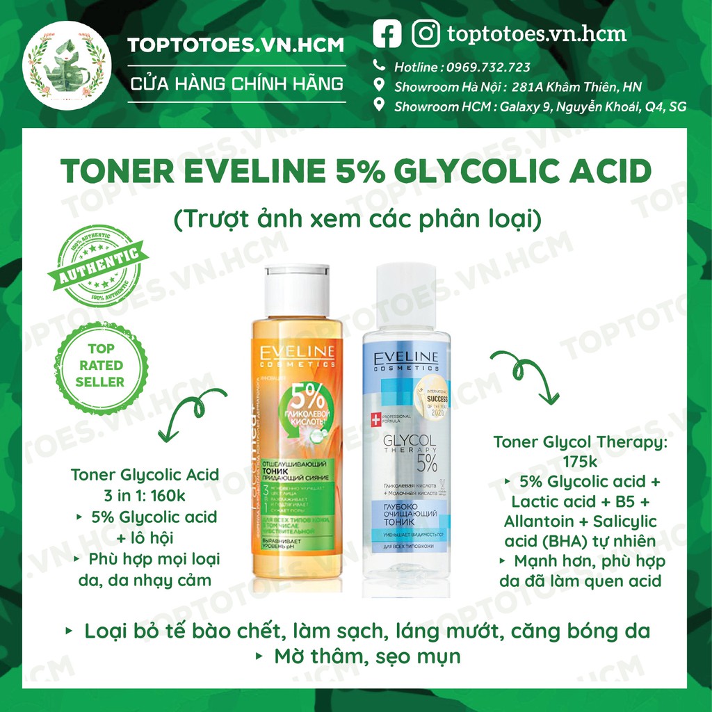 Toner Eveline 5% Glycolic acid làm da căng bóng, sáng mịn, mờ thâm sạm