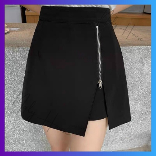 Quần Short Giả Váy Vạt Khóa Xẻ Tà Nữ Tính 2 Màu Đen trắng