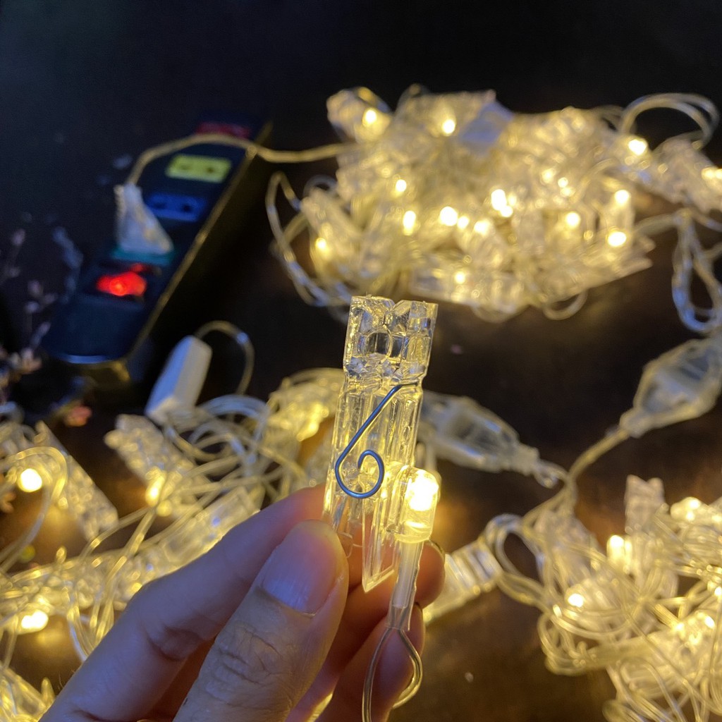 Cắm Điện- Dây Kẹp Ảnh Trang Trí Dài 3 Mét 20 Kẹp Led, Màu Vàng Nắng, Có Phích Nối Dây